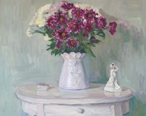 Still Life with Flowers on White Table FRAMED original oil painting, impressionist artwork