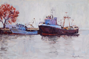 At the Pier, original oil painting 8" x 12" unframed, ships, impressionist plein air artwork