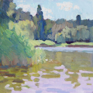 Summer Lake original oil painting on board, 12" x 12" unframed