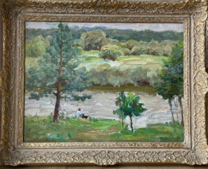 Original oil painting River Landscape with Boy and Dog, framed